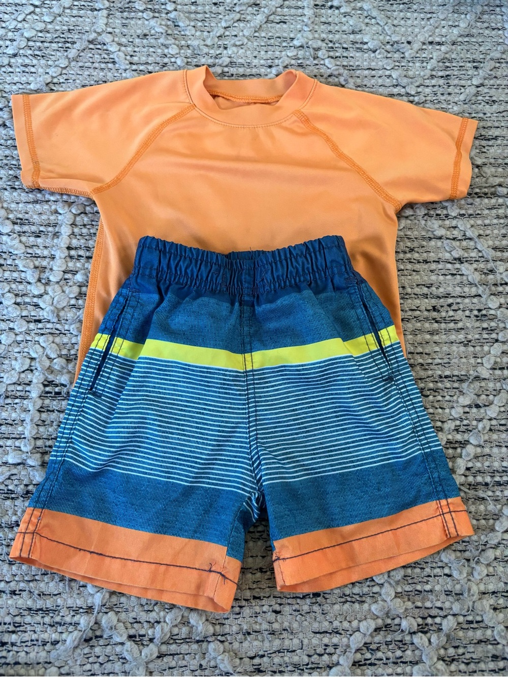 Kids Orange Rash Guard and Blue Stripe Swim Shorts Set